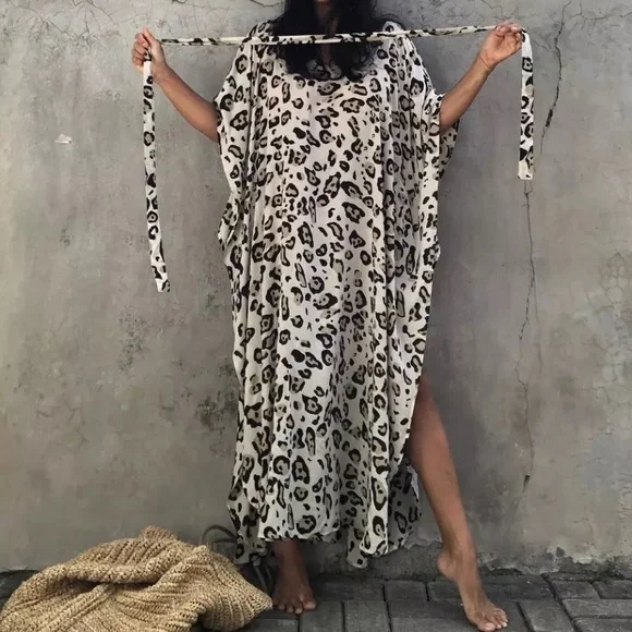 New Leopard Animal Print Bohemian Kaftan Kimono Dress Coverup - Picture 3 of 8